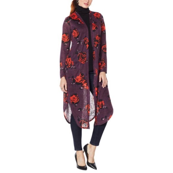 G by Giuliana Sweaters - G by Giuliana Women’s Printed Slub Knit Blackberry Floral Duster / Cardigan.